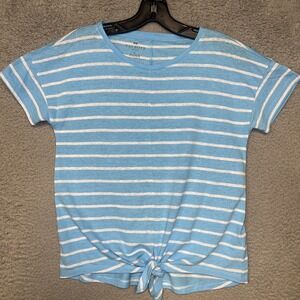 Talbots Shirt Women Sz P Petite Blue White Stripe Linen Blend Split Hem Knit Tee